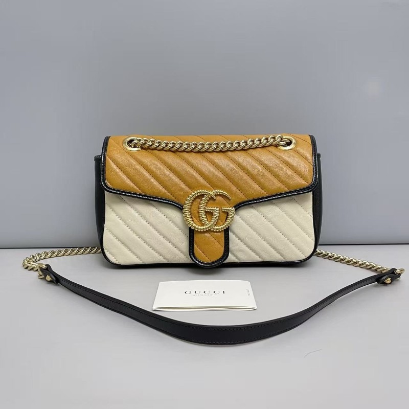 Gucci古馳 Marmont26 焦糖米黑拼色全皮 肩背包 斜背包-0