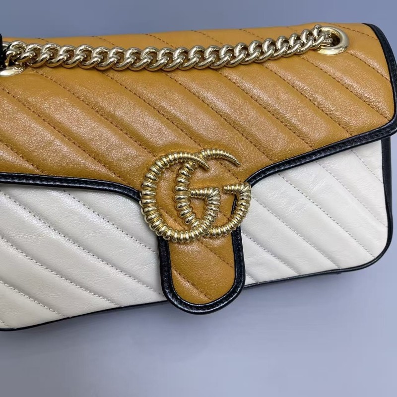 Gucci古馳 Marmont26 焦糖米黑拼色全皮 肩背包 斜背包-5