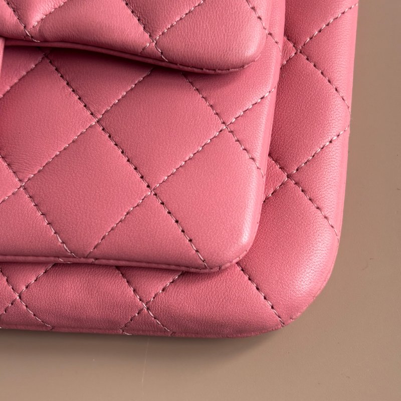 ::CHANEL:: 香奈兒 經典雙C銀釦 菱格紋豆沙粉色雙層扁斜背包-6