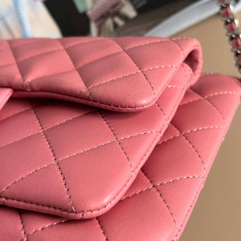::CHANEL:: 香奈兒 經典雙C銀釦 菱格紋豆沙粉色雙層扁斜背包-9