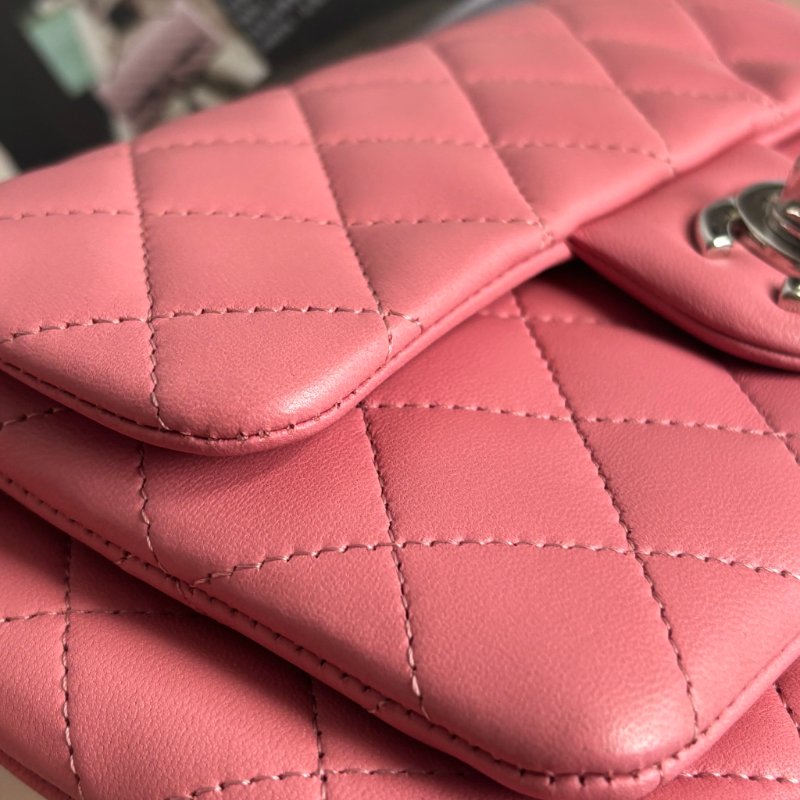 ::CHANEL:: 香奈兒 經典雙C銀釦 菱格紋豆沙粉色雙層扁斜背包-10