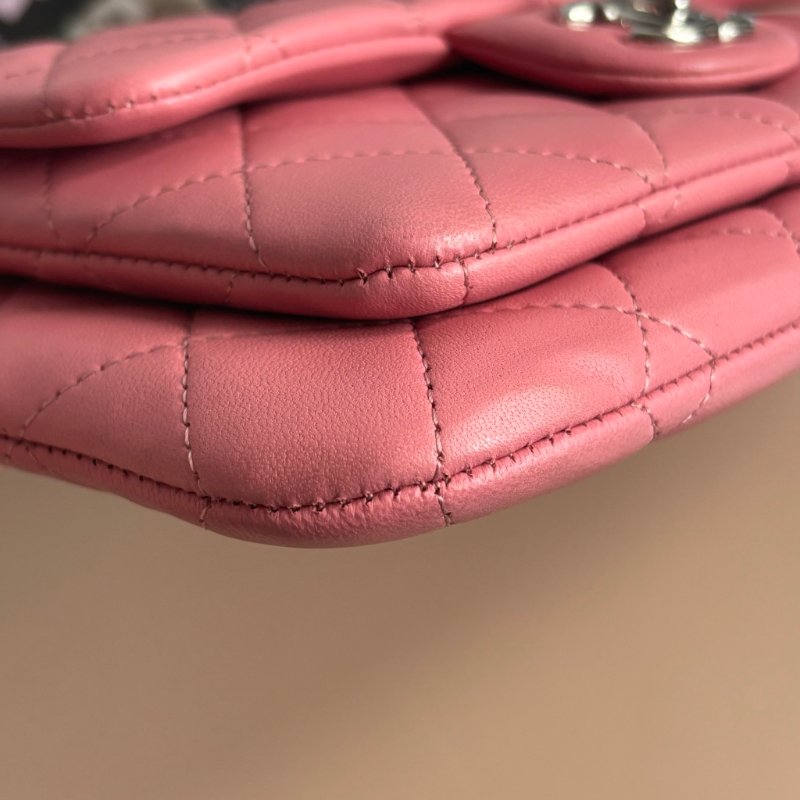 ::CHANEL:: 香奈兒 經典雙C銀釦 菱格紋豆沙粉色雙層扁斜背包-11