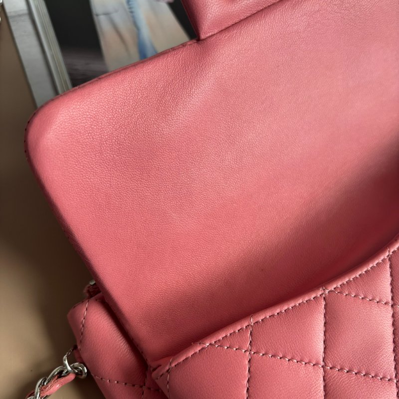 ::CHANEL:: 香奈兒 經典雙C銀釦 菱格紋豆沙粉色雙層扁斜背包-25