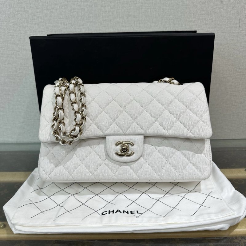 CHANEL 荔枝牛皮白金CF肩背斜背包中號 芯片款 25*15*6 98新配件盒子塵袋-2