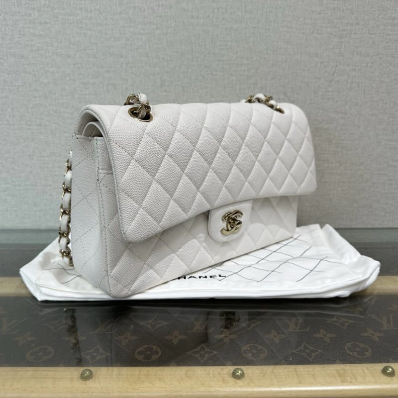 CHANEL 荔枝牛皮白金CF肩背斜背包中號 芯片款 25*15*6 98新配件盒子塵袋-3