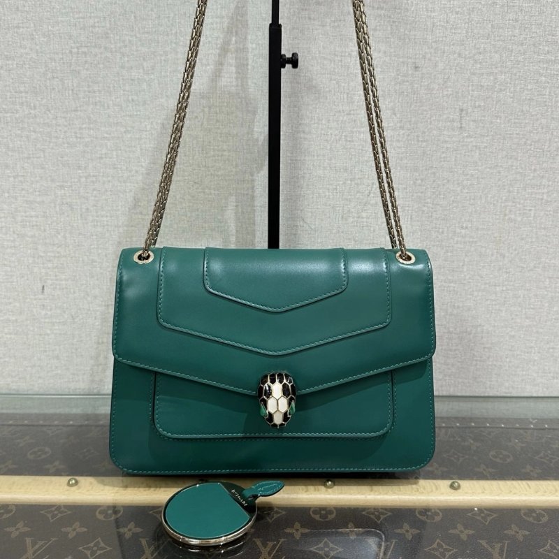 BVLGARI Serpenti Forever 綠色風琴蛇頭肩背斜背包 24.5*16*7 99新配件鏡子塵袋-1