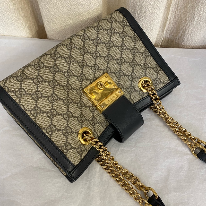 Gucci 古馳 小號Padlock經典老花拼黑色皮革邊框 單肩包-7