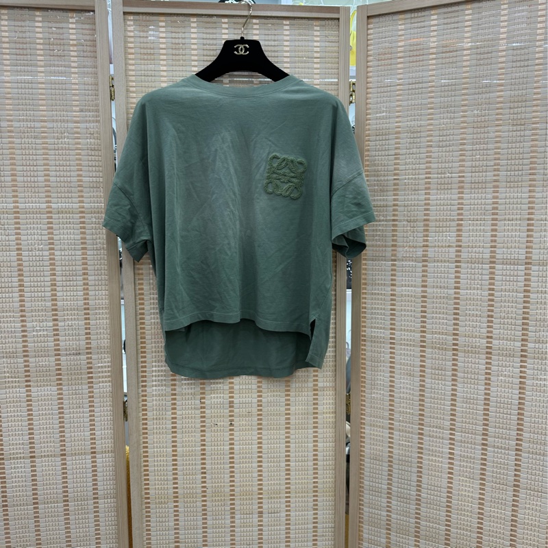 Loewe 25ss藍色植絨logo蝙蝠袖短袖T卹 做舊暈染前短後長落肩款圓領tee-0