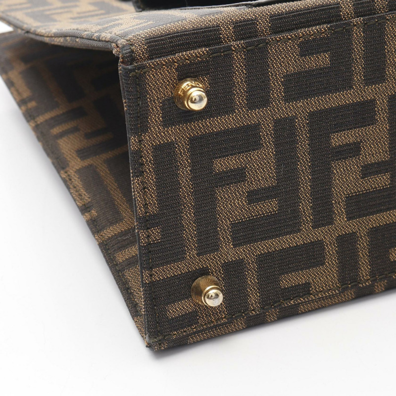 FENDI Zucca 單肩手提包，帆布皮革，棕色卡其色，二手女款-7