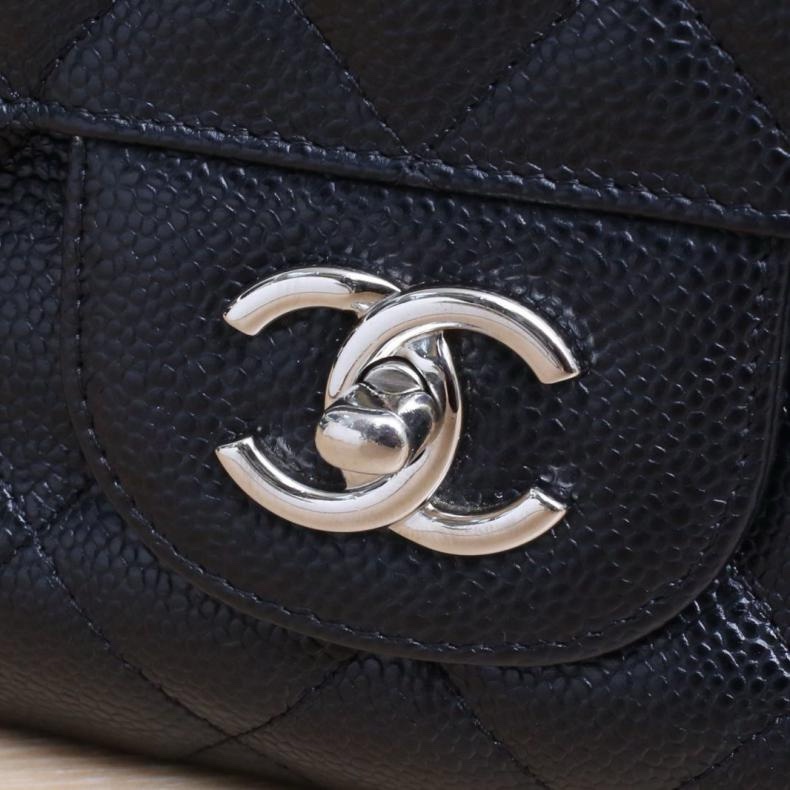 CHANEL(香奈兒) CF 口蓋包 JUMBO 30cm 黑色 荔枝 26開 銀扣-5