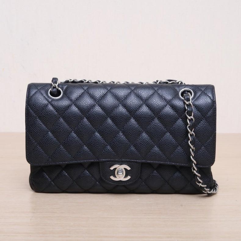 CHANEL(香奈兒) CF 口蓋包 中號 25.5cm 黑色 荔枝 28開 銀扣-0