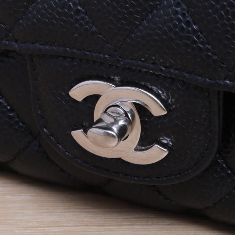 CHANEL(香奈兒) CF 口蓋包 中號 25.5cm 黑色 荔枝 28開 銀扣-5