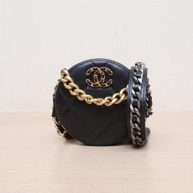 CHANEL(香奈兒) 19BAG 小圓餅包 黑色  31開 金銀扣-0