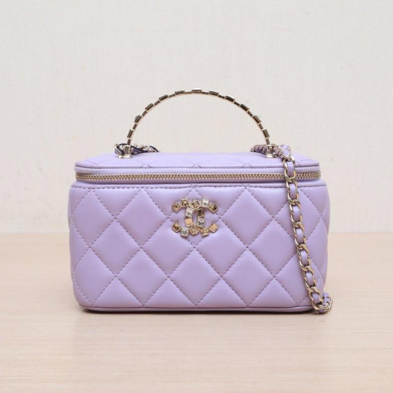 CHANEL(香奈兒) 24P 長盒子化妝包 帶鏡子 紫色  鐳射標 金扣 字母水鑽鳳梨金屬手柄 晶片開-0