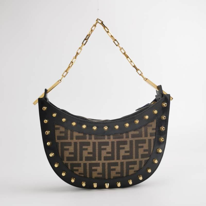 Fendi 牛皮 帆布 雙F 老花 鉚釘 裝飾 拉鍊 單肩包-4