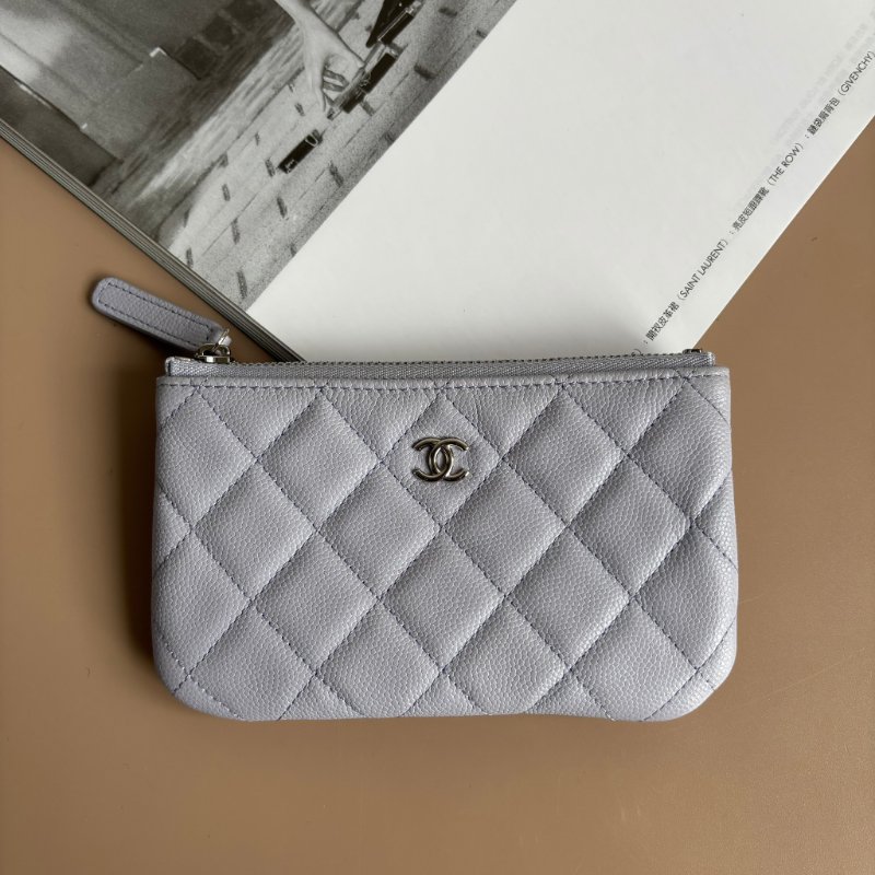 ::CHANEL:: 銀雙C淡紫色一字拉鍊零錢包 卡包 經典菱格 錢包-0