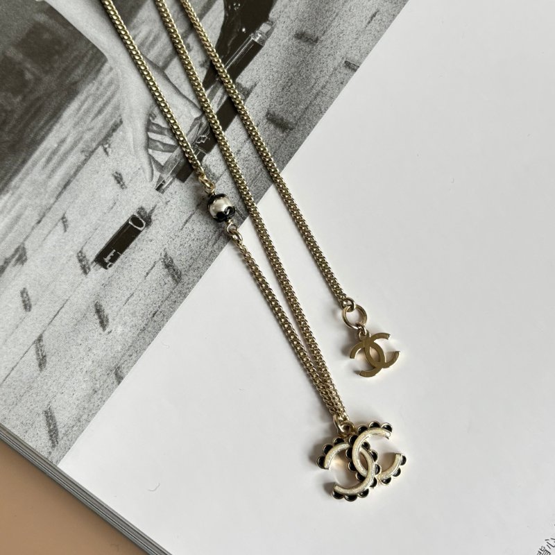 ::CHANEL:: 經典雙C LOGO 珍珠綴飾 蕾絲滾邊兩段釦式長鏈 頸鍊 短鏈 LACE LOGO WITH PEAL NECKLACE-1