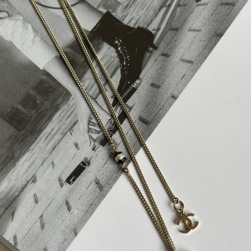 ::CHANEL:: 經典雙C LOGO 珍珠綴飾 蕾絲滾邊兩段釦式長鏈 頸鍊 短鏈 LACE LOGO WITH PEAL NECKLACE-2