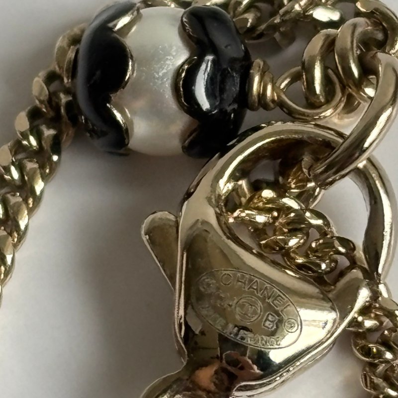 ::CHANEL:: 經典雙C LOGO 珍珠綴飾 蕾絲滾邊兩段釦式長鏈 頸鍊 短鏈 LACE LOGO WITH PEAL NECKLACE-5