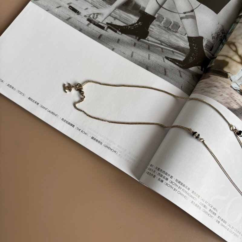 ::CHANEL:: 經典雙C LOGO 珍珠綴飾 蕾絲滾邊兩段釦式長鏈 頸鍊 短鏈 LACE LOGO WITH PEAL NECKLACE-7