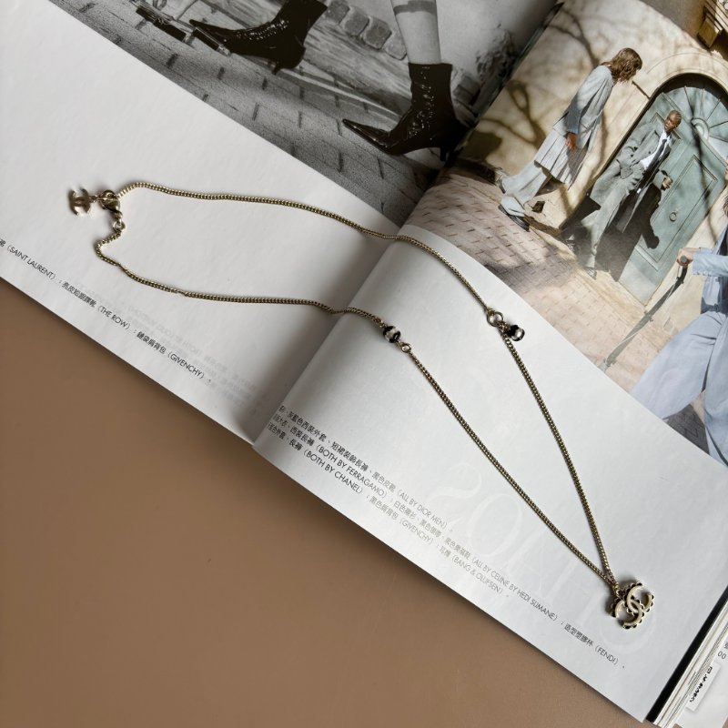 ::CHANEL:: 經典雙C LOGO 珍珠綴飾 蕾絲滾邊兩段釦式長鏈 頸鍊 短鏈 LACE LOGO WITH PEAL NECKLACE-8