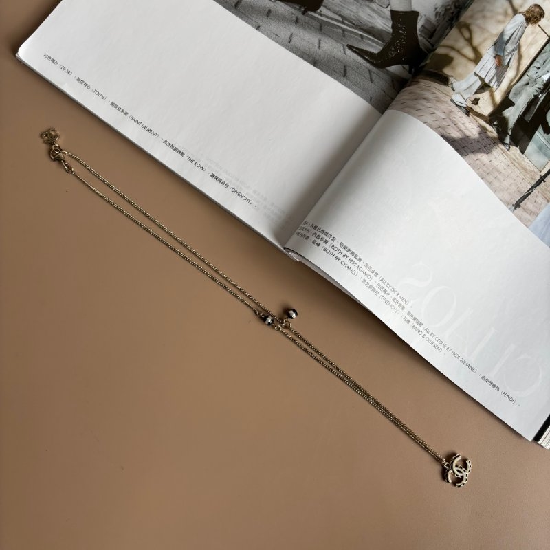 ::CHANEL:: 經典雙C LOGO 珍珠綴飾 蕾絲滾邊兩段釦式長鏈 頸鍊 短鏈 LACE LOGO WITH PEAL NECKLACE-9