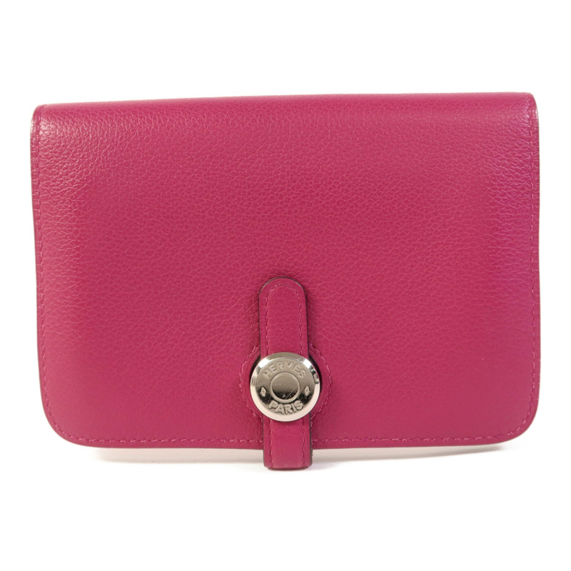 HERMES Evercolor皮革Dogon Compact Bifold Wallet銀扣錢包Rose Pourpre-0