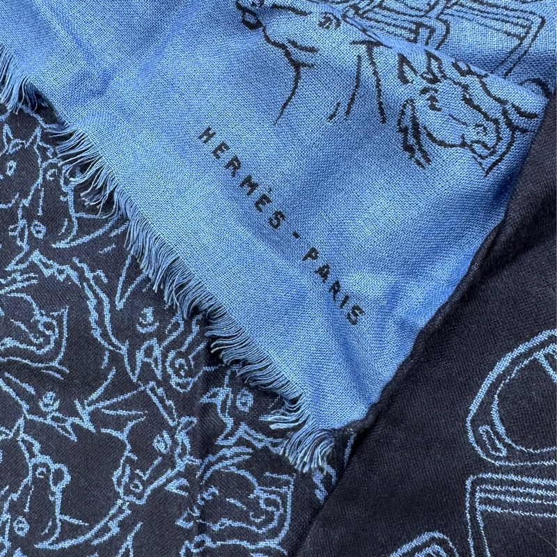 HERMES愛馬仕 Tissee Reversible Horse Mix 舒適保暖 絨線圍巾 藍色-2