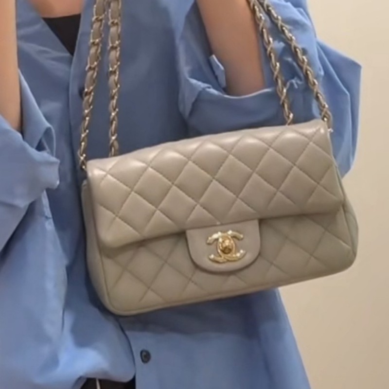 香奈兒 CHANEL cf 20 晶片款 鼠尾草灰綠淡金扣大mini-0