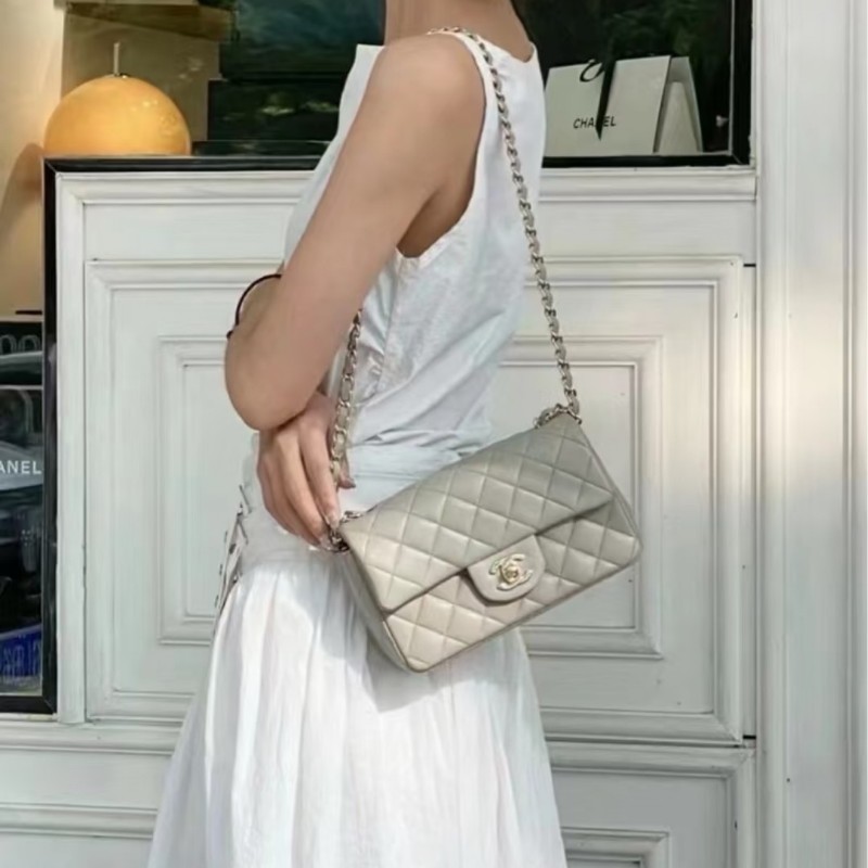香奈兒 CHANEL cf 20 晶片款 鼠尾草灰綠淡金扣大mini-12