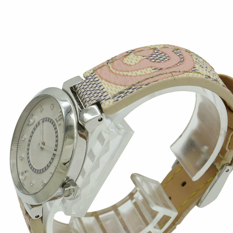 LOUIS VUITTON Tambour Monogram 銀色錶盤鑲嵌 8 顆鑽石，不鏽鋼皮革石英女士手錶 Q12MG-5