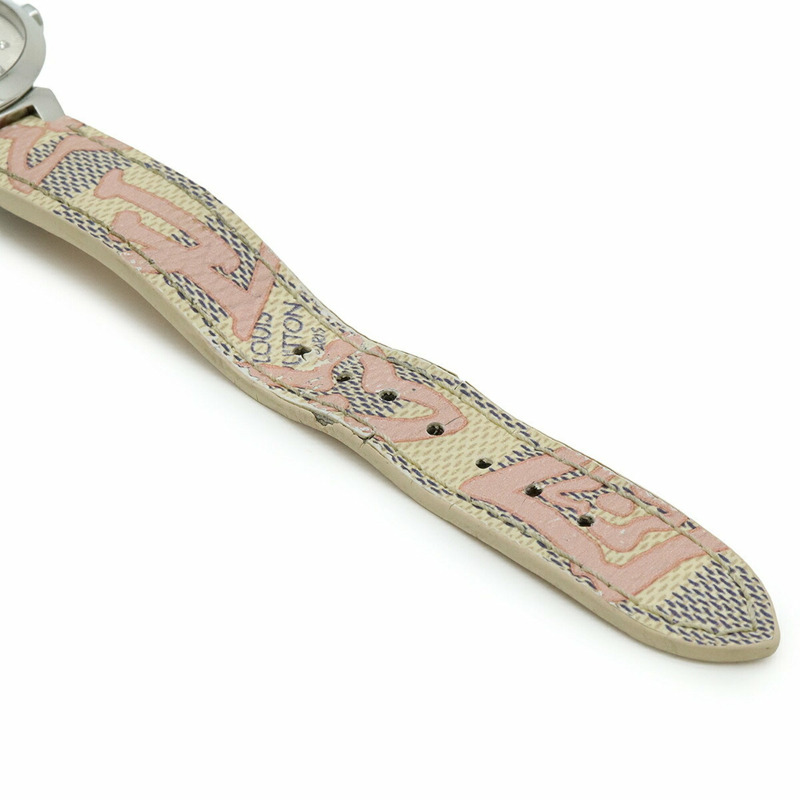 LOUIS VUITTON Tambour Monogram 銀色錶盤鑲嵌 8 顆鑽石，不鏽鋼皮革石英女士手錶 Q12MG-7