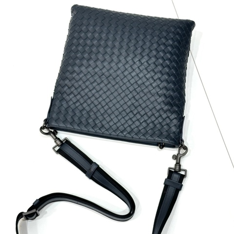 BV BOTTEGA VENETA 寶緹嘉 編織 深藍 LOGO 小牛皮 拉鍊 斜背包 肩寬包 側背包