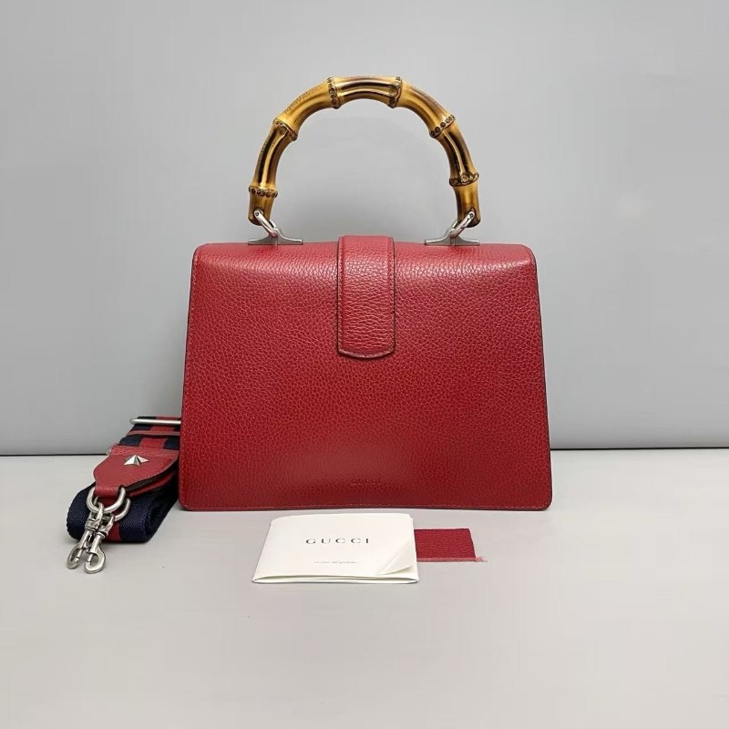 Gucci古馳 酒神紅色牛皮荔枝紋鑽扣竹節手柄包 手提包 肩背包-1