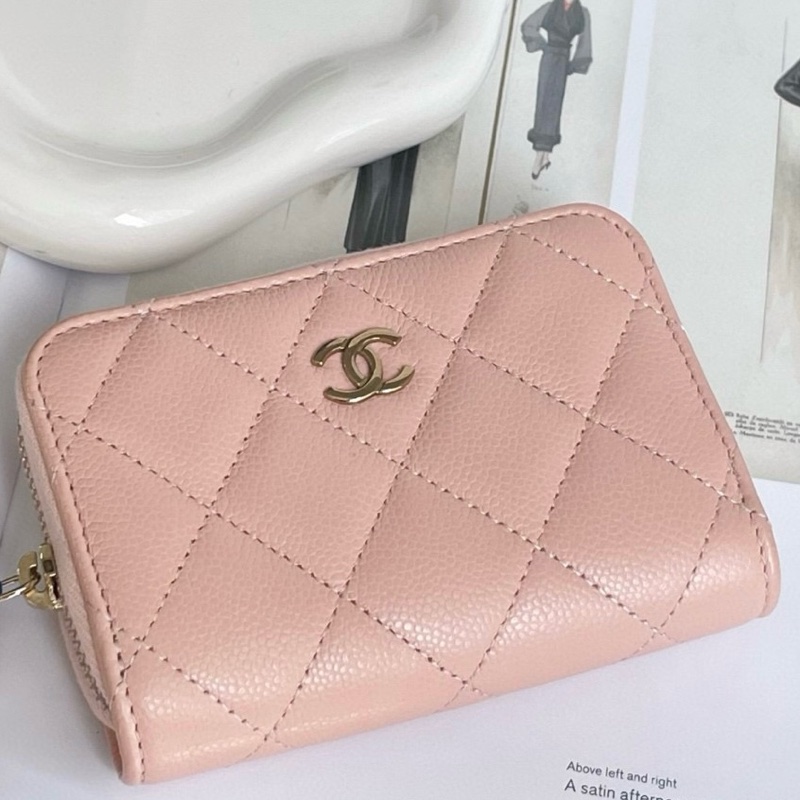 Chanel/香奈兒 24C 淺粉色荔枝牛卡包 芯片款 11*7*2-0