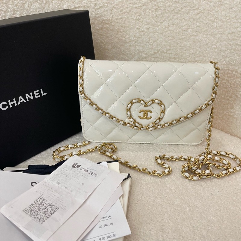 CHANEL香奈兒 24A 金扣菱格皮穿鏈鏈條 小牛漆皮 斜挎錢包 女款 白色-0