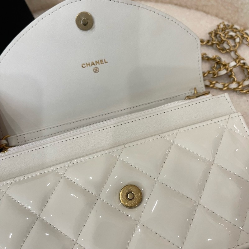 CHANEL香奈兒 24A 金扣菱格皮穿鏈鏈條 小牛漆皮 斜挎錢包 女款 白色-6