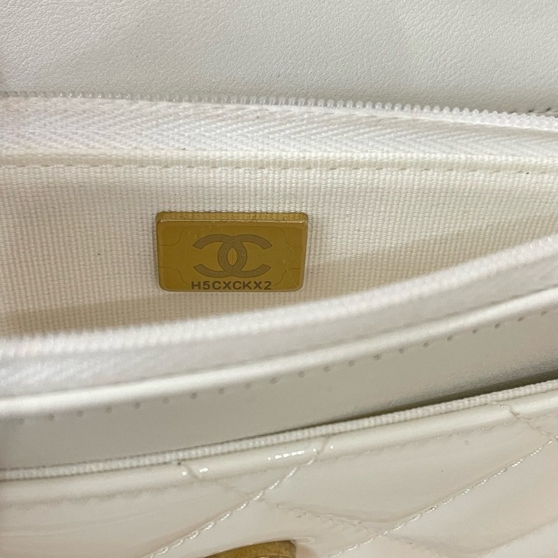 CHANEL香奈兒 24A 金扣菱格皮穿鏈鏈條 小牛漆皮 斜挎錢包 女款 白色-8