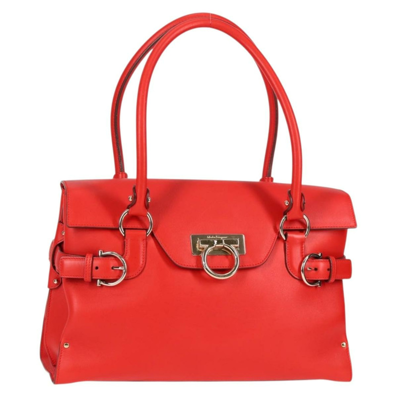 【日本直送】Salvatore Ferragamo Gancini 手提包 皮革 紅色 金色 正品 135989V-0