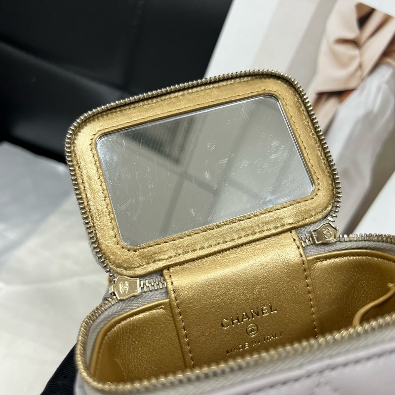 Chanel香奈兒 灰色小羊皮金球 方盒子 化妝包 斜背包 肩背包 22年 晶片款-8