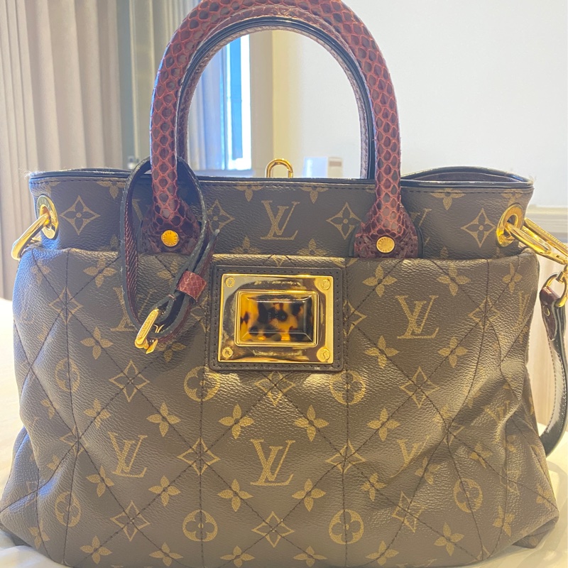 LV老花LOGO 特別訂製款 蟒蛇皮提把 拼鴕鳥皮+麂皮內 二用包-0