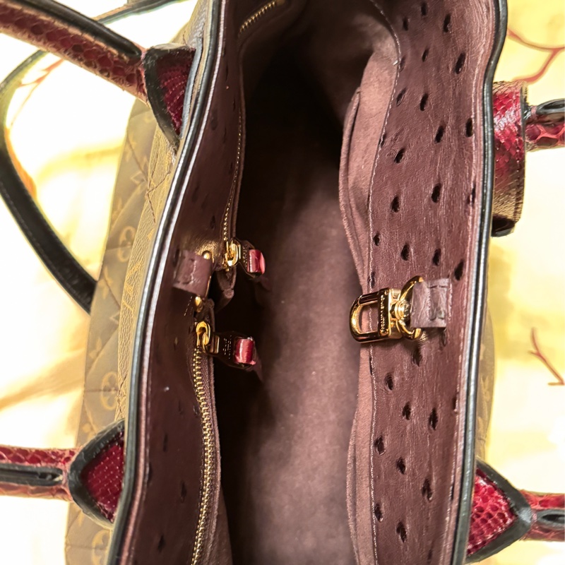 LV老花LOGO 特別訂製款 蟒蛇皮提把 拼鴕鳥皮+麂皮內 二用包-9