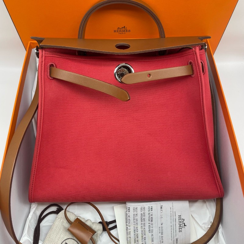 Hermes愛馬仕 herbag31 棕色馬鞍皮拼杜鵑紅色 肩背包 斜背包 C刻-0