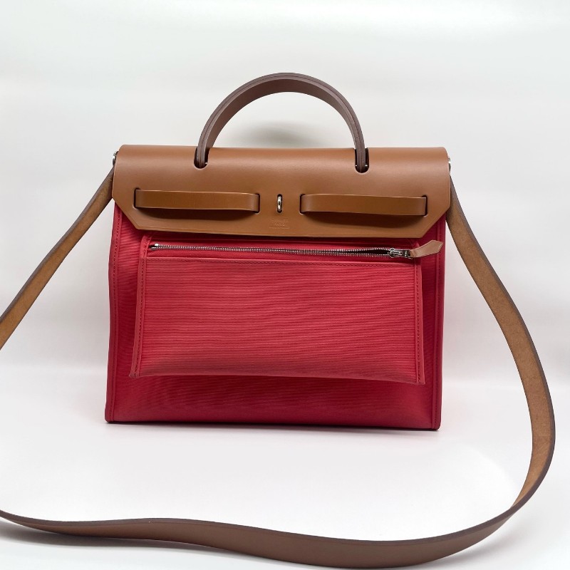 Hermes愛馬仕 herbag31 棕色馬鞍皮拼杜鵑紅色 肩背包 斜背包 C刻-2
