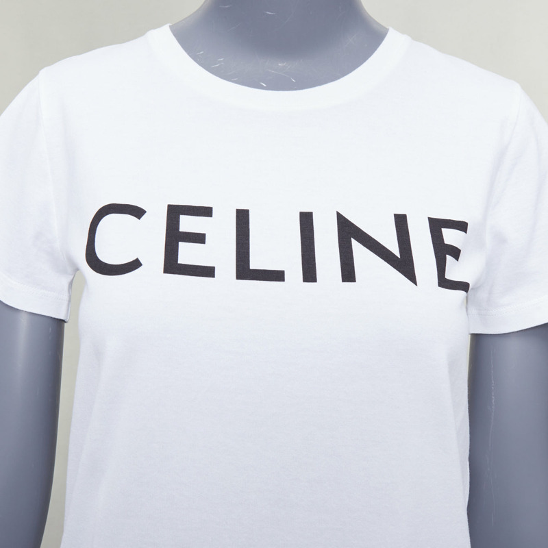 CELINE white cotton black big logo crew neck fitted tshirt XS-1