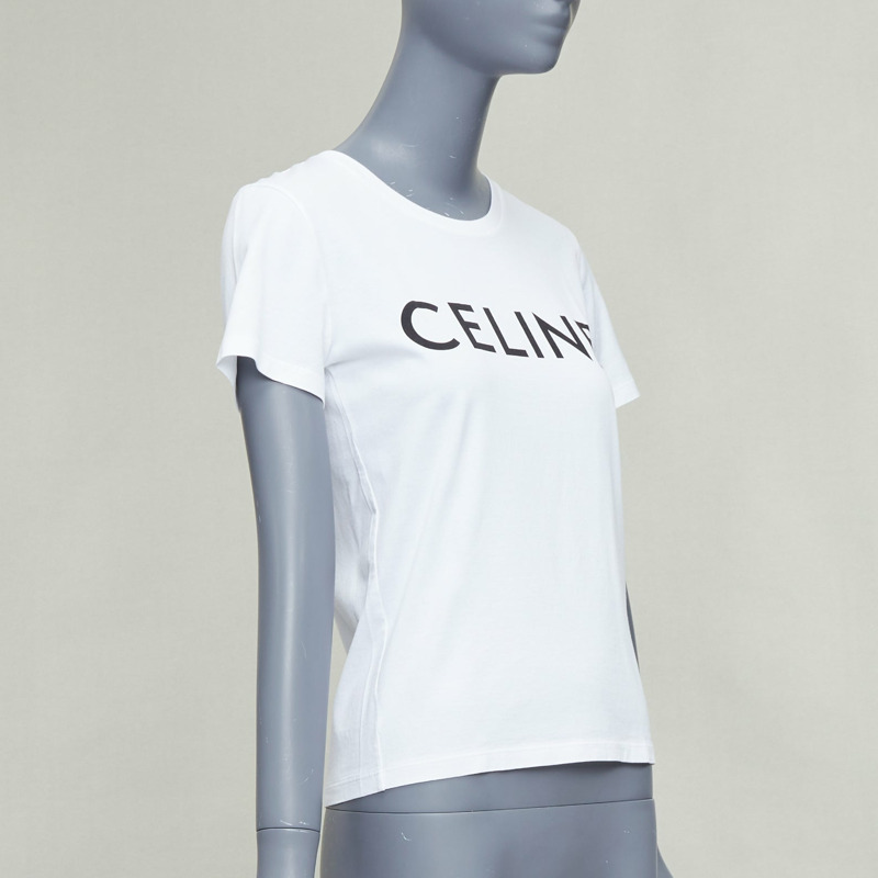 CELINE white cotton black big logo crew neck fitted tshirt XS-2