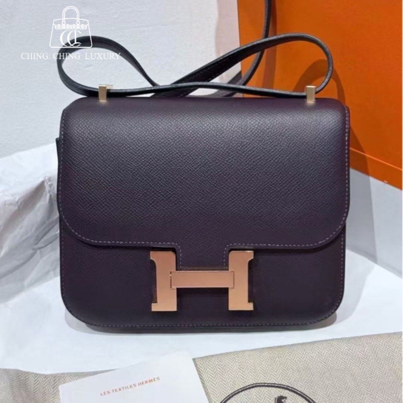🌈Hermes💜Mini Constance 19💜葡萄紫玫瑰金扣🌟99新🌟Epsom皮🌟-0