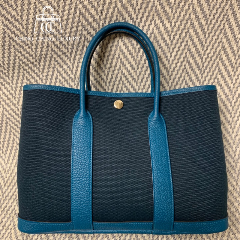🌈Hermes💙Garden Party 30💙深藍色拼皮帆布🌟未使用閑置🌈有單🌟Canvas🌟花園包🌈已hold🌟-0