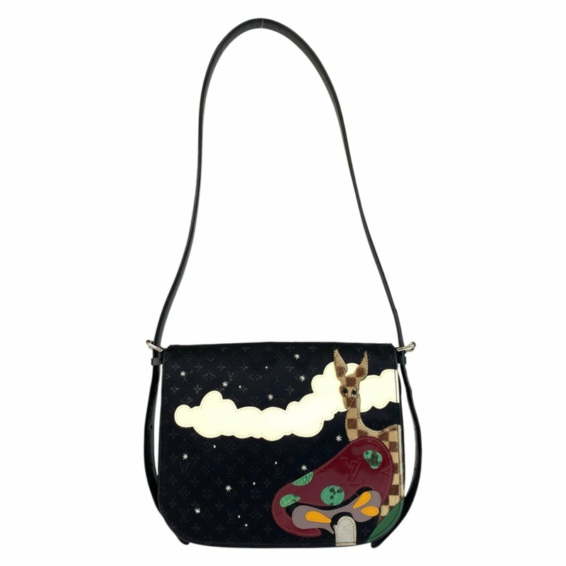 LOUIS VUITTON Mini Monogram Comte de Fay Musette 單肩包，黑色，銀色金屬配件，緞面，瓷白色皮革，M92273-0