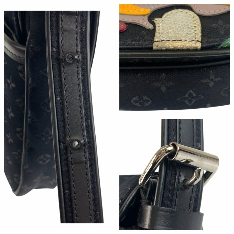 LOUIS VUITTON Mini Monogram Comte de Fay Musette 單肩包，黑色，銀色金屬配件，緞面，瓷白色皮革，M92273-4
